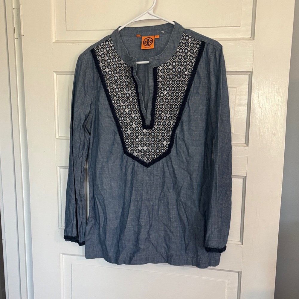 Tory Burch Blue Embroidered Tunic Shirt with Navy Trim